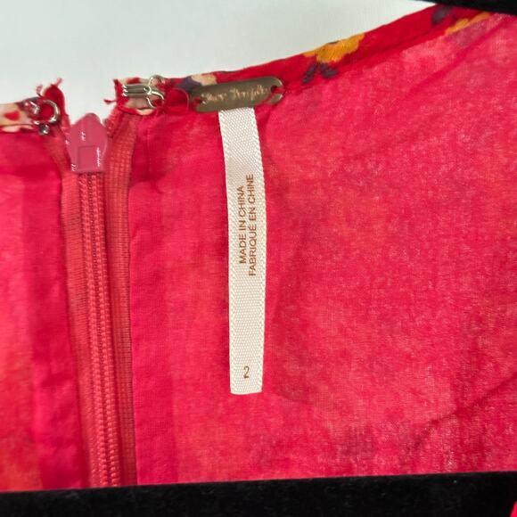 Free People Red‎ Floral Smocked Puff Sleeve Mini Babydoll Chiffon Dress Tunic S - Picture 5 of 10